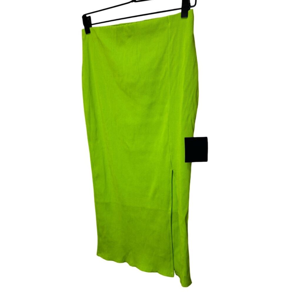 Lulus Lime Green Ribbed Midi Skirt NWT Size Large High Slit Bodycon - Picture 3 of 7